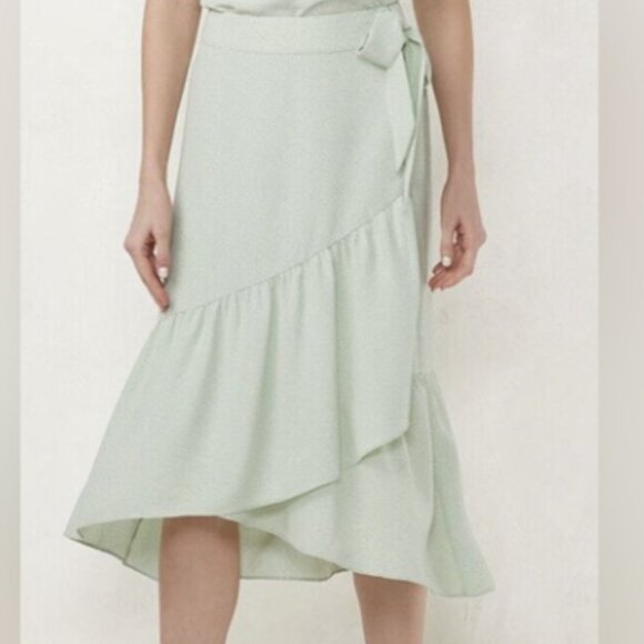 LC Lauren Conrad Dresses & Skirts - Lauren Conrad Elegant Blushing Bouquet Mint Midi Skirt Ruffle Hem Women's Large